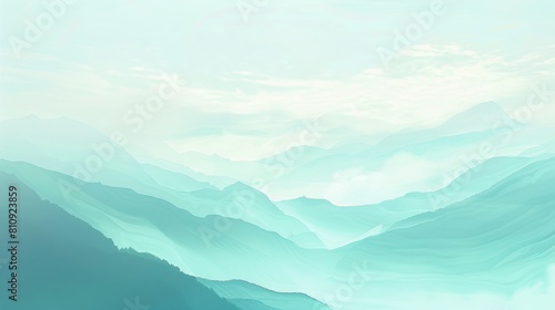 Abstract Landscape Art: Light Blue and Green Mountains Silhouette with Atmospheric Sky © JINGWEN
