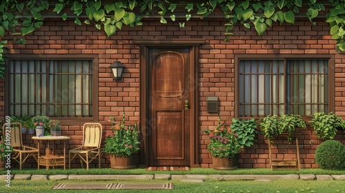 There is a brick wall of a rural house with wooden windows and doors with handles. There is also a mat right before the entrance  a table and chairs  green plants and chairs on the lawn.