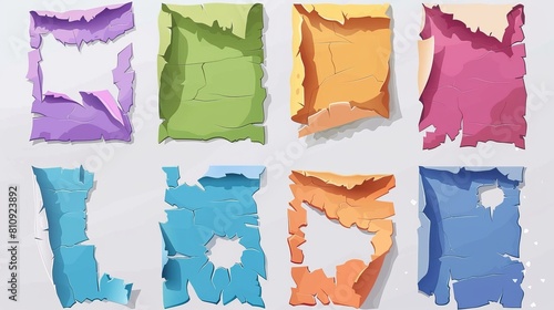 A realistic modern illustration set of cut square and rectangular notepad fragments that have been ripped or torn. The pieces of stained colored paper are clean, squared, lined, dots, and are broken photo