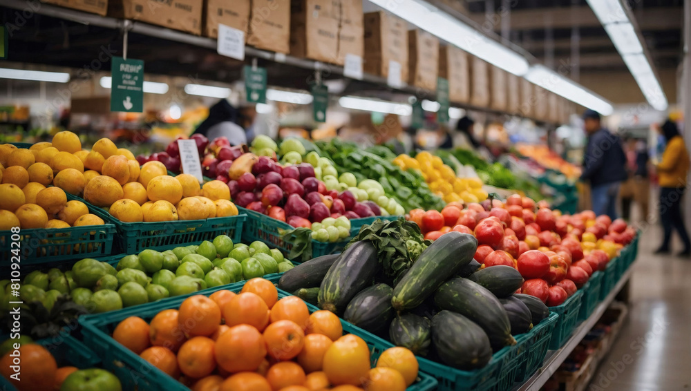 Farm-fresh Bounty, Vibrant Organic Produce Displayed in Supermarket Aisles, Worker Restocking Shelves