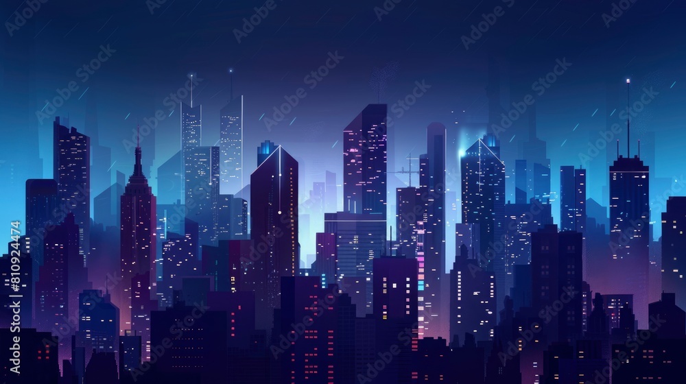 A city skyline at night with a blue sky. The city is lit up with lights and the buildings are tall A city skyline at night with a blue sky. The city is lit up with lights and the buildings are tall