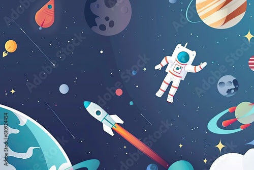 A cartoon of a man in a spacesuit flying a rocket through space. The background is filled with planets and stars, giving the impression of a vast and endless universe. Scene is one of adventure