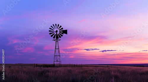 A windmill is standing in a field with a beautiful sunset in the background. The scene is peaceful and serene, with the windmill being the only object in the field