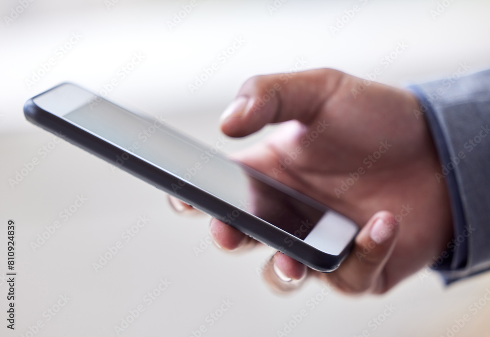 Business person, hands and typing with phone screen for communication, news or online browsing at office. Closeup of employee scrolling, chatting or texting on mobile smartphone display at workplace Business person, hands and typing with phone screen for communication, news or online browsing at office. Closeup of employee scrolling, chatting or texting on mobile smartphone display at workplace
