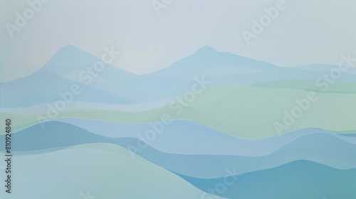 Abstract Landscape Art: Light Blue and Green Mountains Silhouette with Atmospheric Sky