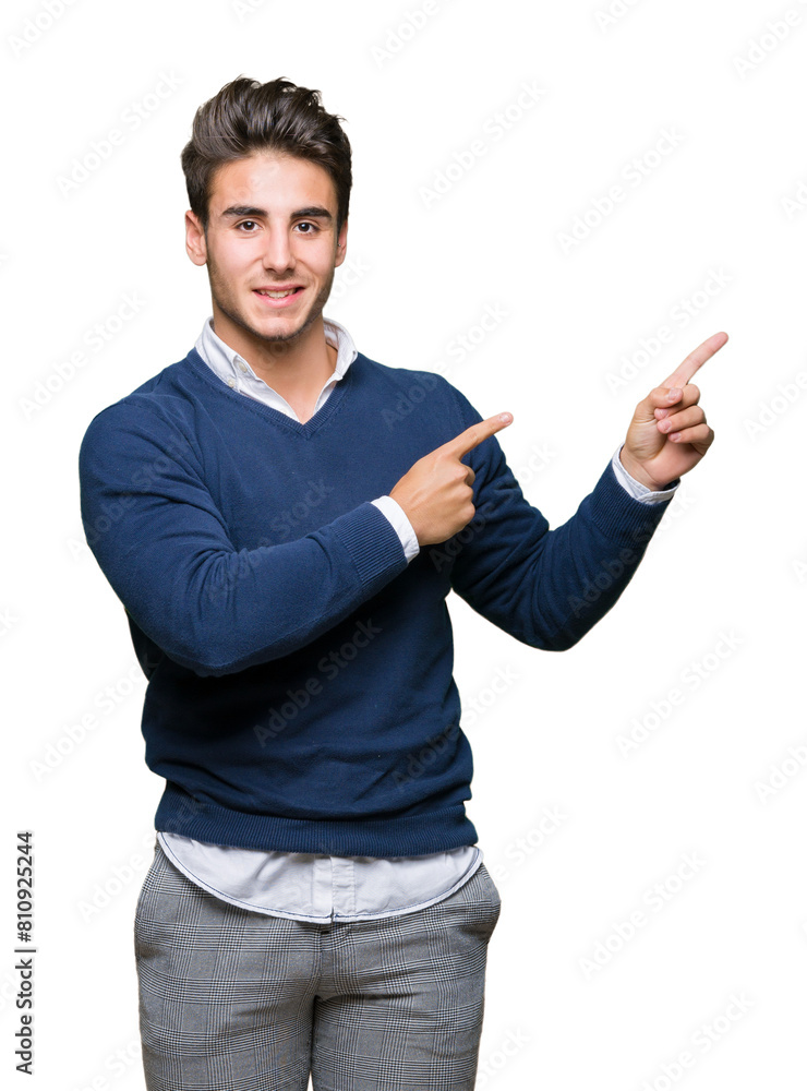 Young handsome business man over isolated background smiling and looking at the camera pointing with two hands and fingers to the side. Young handsome business man over isolated background smiling and looking at the camera pointing with two hands and fingers to the side.