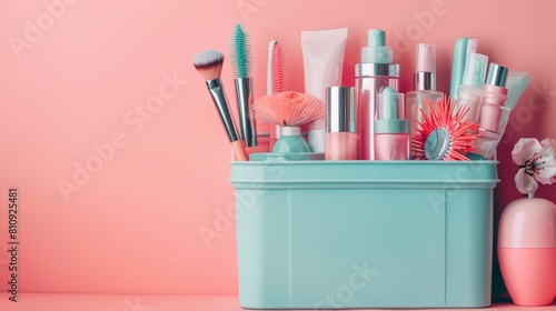 beauty routine concept banner with various beauty tools and skincare products in a pastel pink background for your skincare toolbox photo