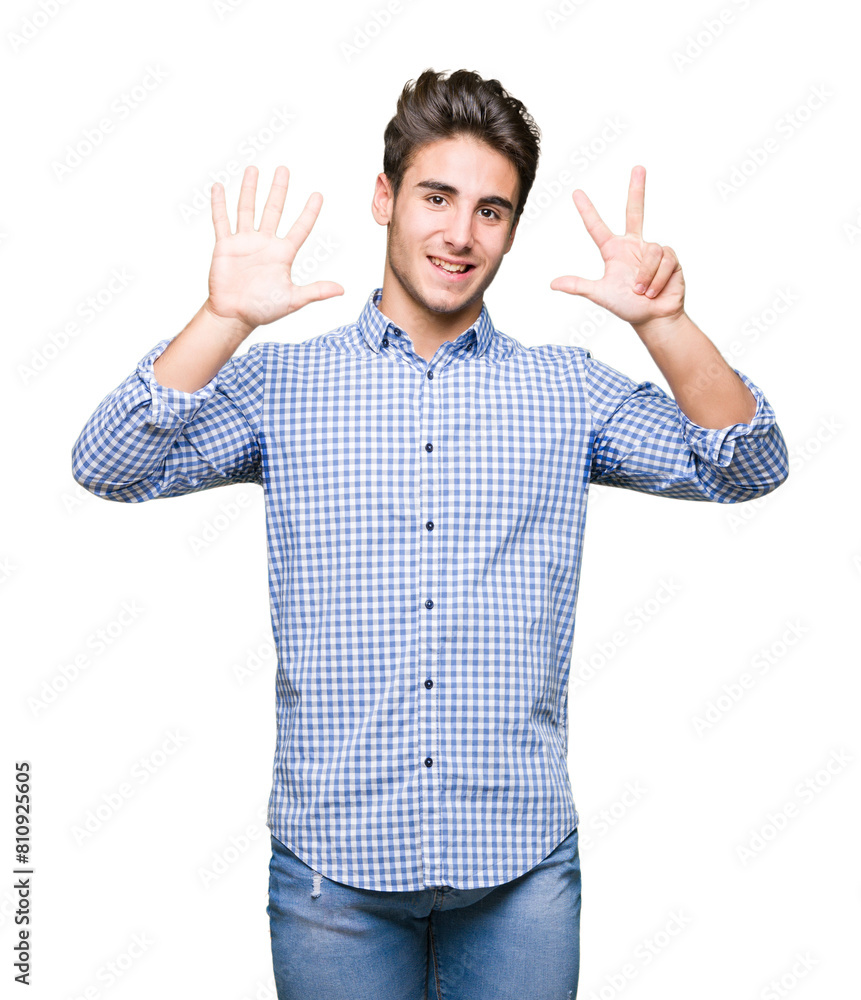 Young handsome business man over isolated background showing and pointing up with fingers number eight while smiling confident and happy. Young handsome business man over isolated background showing and pointing up with fingers number eight while smiling confident and happy.