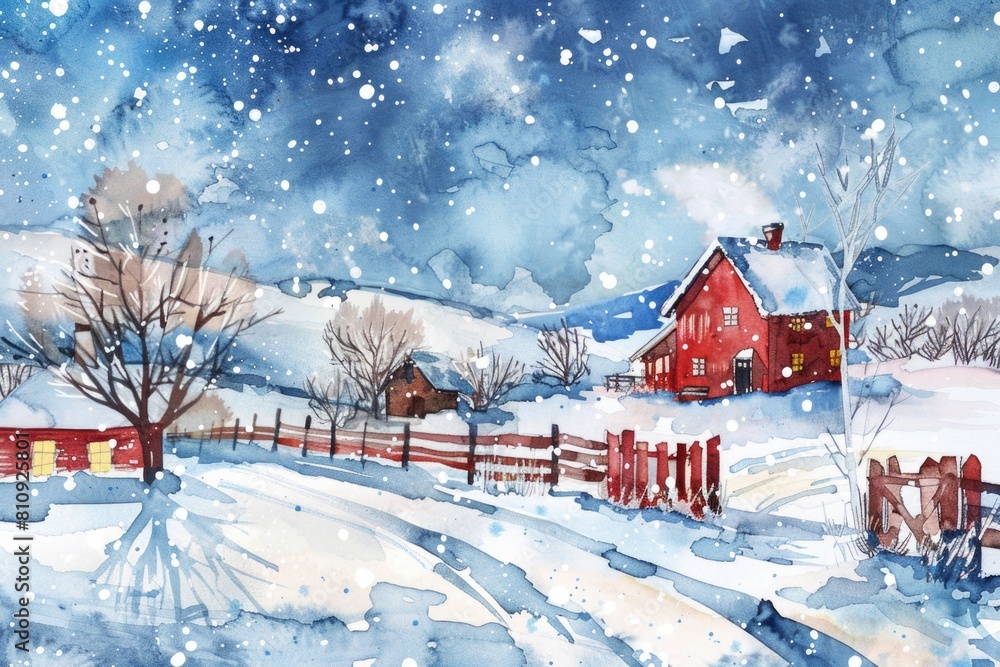 A painting of a red house with a white fence and a snow covered landscape. The mood of the painting is peaceful and serene