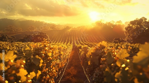 A field of grapes with a sun shining on it