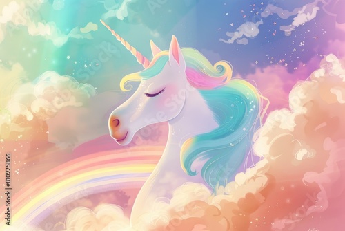 A unicorn with a rainbow on its head is shown in a colorful sky. The image has a whimsical and playful mood  with the unicorn