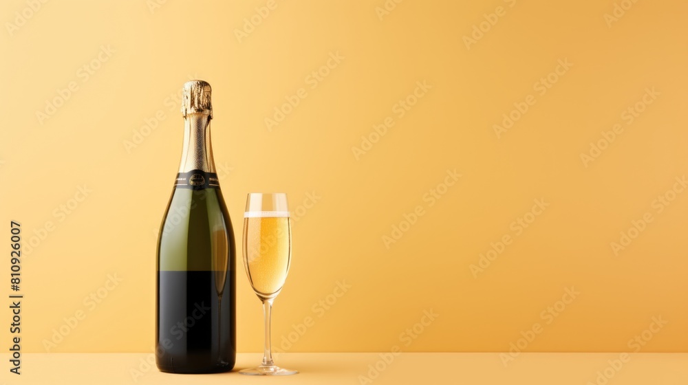 A champagne bottle and wine glass sitting on a table A champagne bottle and wine glass sitting on a table
