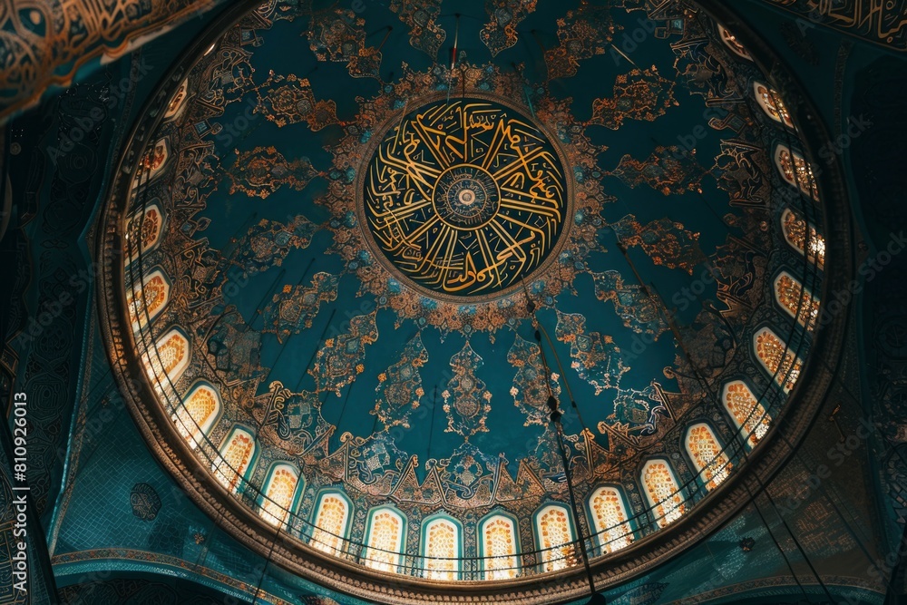 The blue dome of a building is decorated with gold and has Arabic writing on it