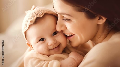 Portrait pretty woman holding a newborn baby , Loving mom carying of her newborn baby in her arms  photo