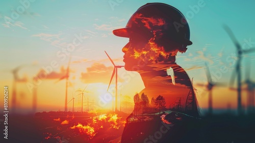 A female engineer standing in a field of wind turbines at sunset.