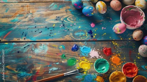Flat lay of painted easter eggs with colourful paints on a wooden table