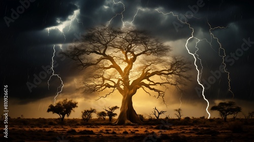 Majestic Lightning Bolt Illuminating an Ancient Tree in the Depths of the Savannah Night photo