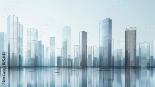 Minimalist Business District  Prosperous Financial Center with Tiled Buildings and Semi-Transparent Reflections