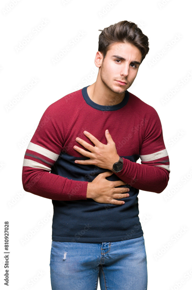 Young handsome man over isolated background with hand on stomach because indigestion, painful illness feeling unwell. Ache concept. Young handsome man over isolated background with hand on stomach because indigestion, painful illness feeling unwell. Ache concept.