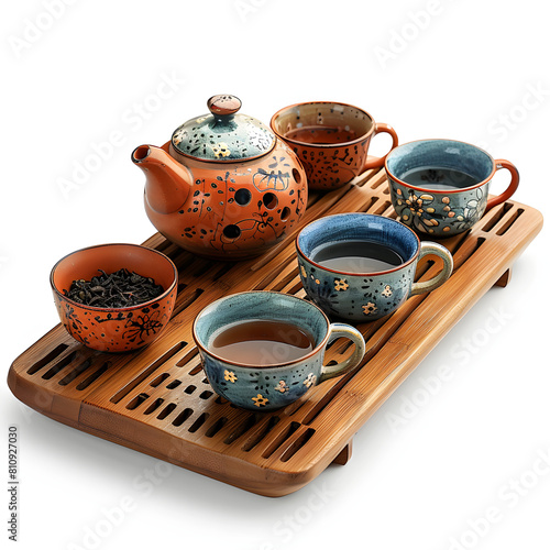 A traditional tea ceremony setup with a steaming teapot, cups, and loose tea leaves isolated on white background, vintage, png
