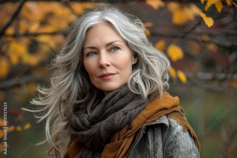 Portrait of a beautiful middle-aged woman with short gray hair in an orange jacket on the street.. Beautiful simple AI generated image in 4K, unique. Portrait of a beautiful middle-aged woman with short gray hair in an orange jacket on the street.. Beautiful simple AI generated image in 4K, unique.