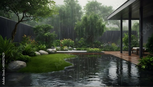 Garden atmosphere raining. Realistic landscape