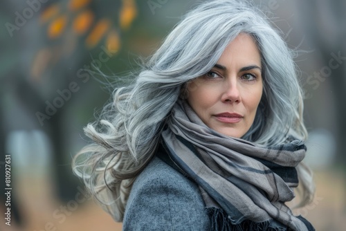 Portrait of a handsome middle-aged man with gray hair wearing a red scarf and sunglasses on a city street.. Beautiful simple AI generated image in 4K, unique.