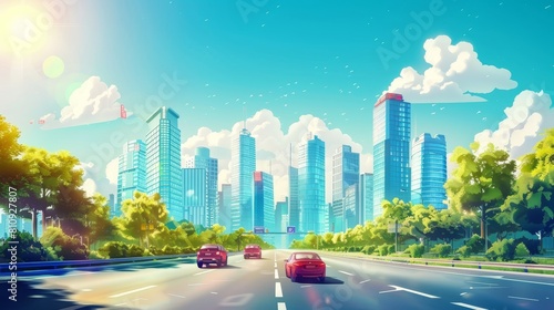 Highway cars driving toward modern city. Modern cartoon illustration of morning traffic on urban road  office and residential skyscraper buildings  blue sunny sky with white clouds  cityscape.