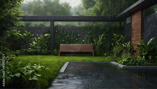 Garden atmosphere raining. Realistic landscape © Hataf