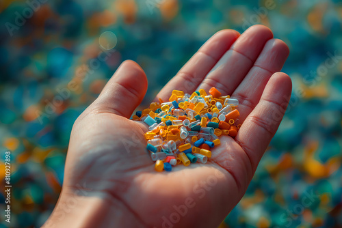 Close up human hand with colored microplastic. Concept of plastic pollution. © ShniDesign