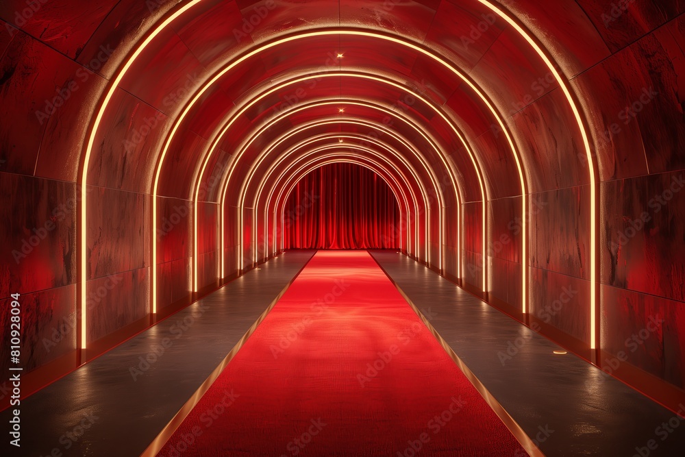 Red carpeted tunnel with red light at end