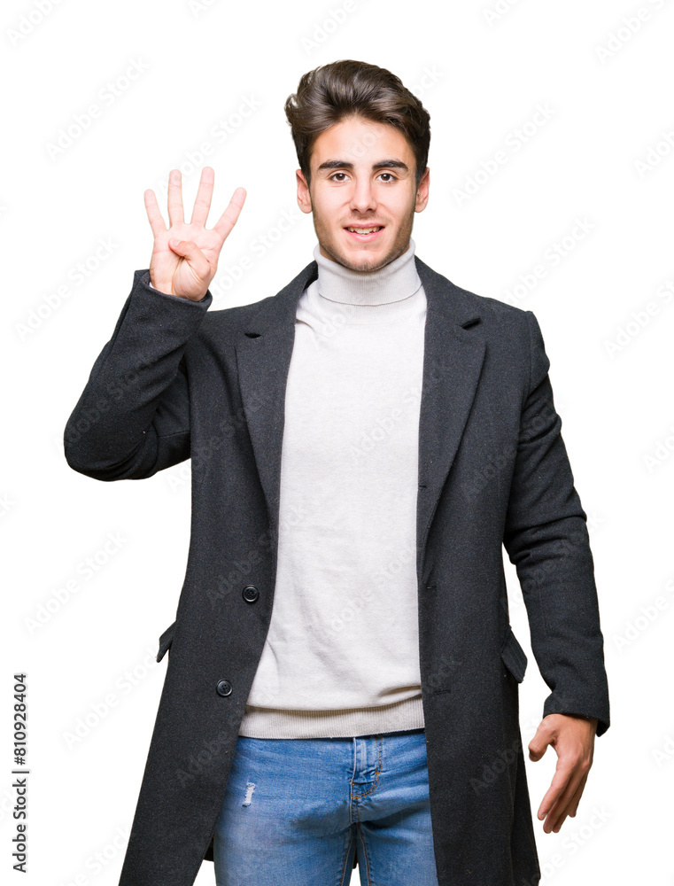 Young elegant man wearing winter coat over isolated background showing and pointing up with fingers number four while smiling confident and happy. Young elegant man wearing winter coat over isolated background showing and pointing up with fingers number four while smiling confident and happy.