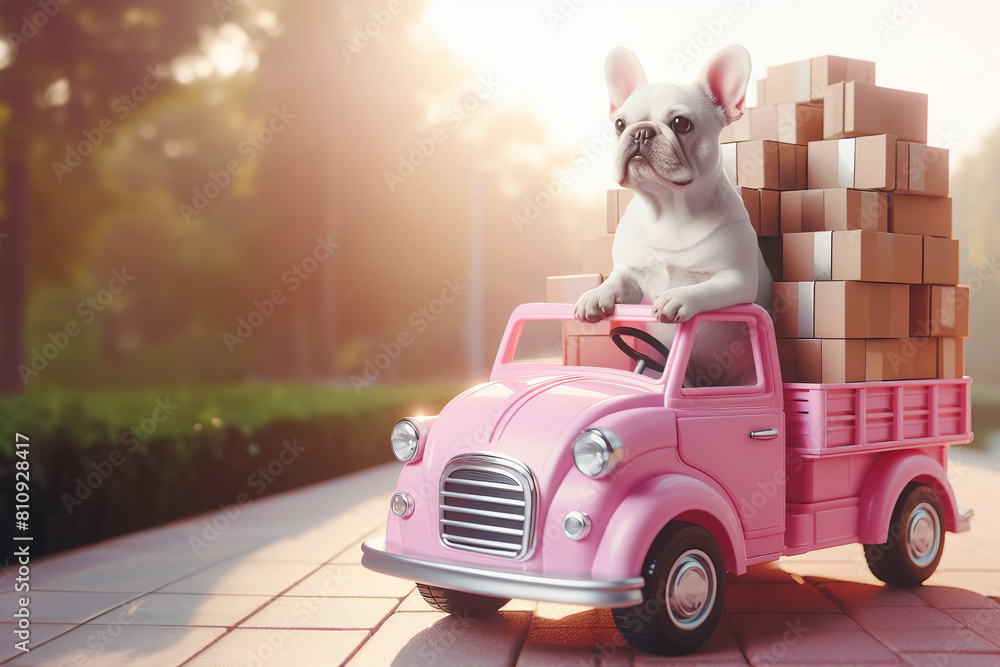 Fototapeta playful world where a white French bulldog navigates a pink toy car filled with boxes amidst a serene outdoor landscape,