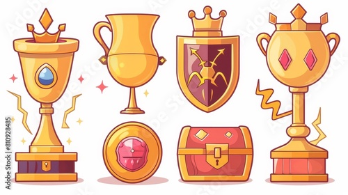 Various gold goblet awards and prizes for game Ui design. Cartoon modern set of winner cup, crown with gems, shield with lightning, and bomb.