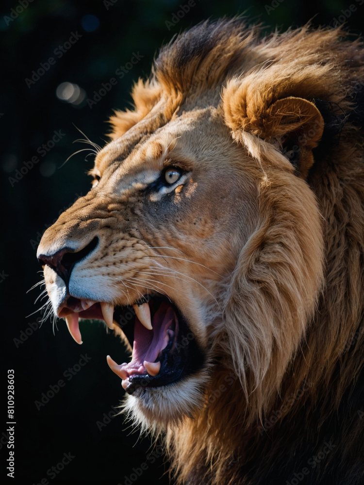 Fierce King, Lion Roaring Dramatically Against Black Fierce King, Lion Roaring Dramatically Against Black