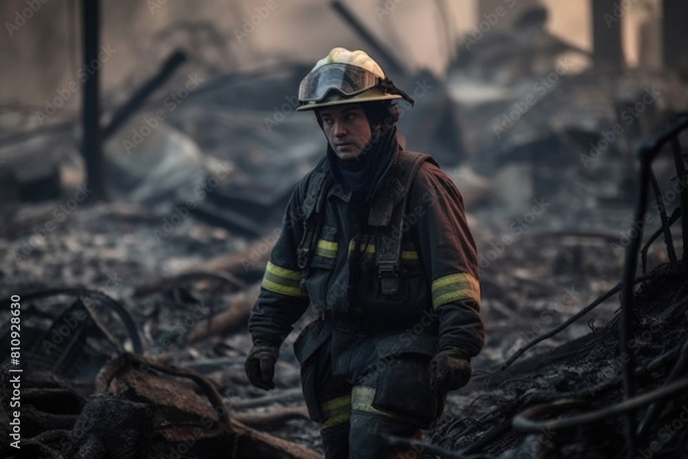 A firefighter in full gear walking through a charred landscape after a fire