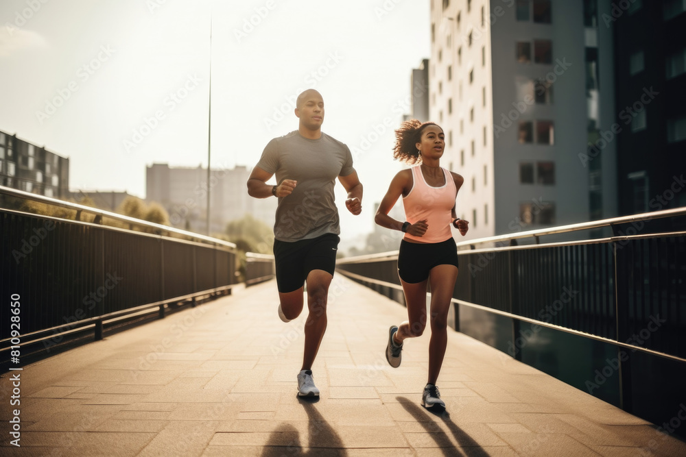 © sommersby - A man and woman in motion, running across a bridge © sommersby - A man and woman in motion, running across a bridge