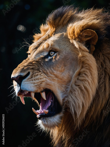 Fierce King  Lion Roaring Dramatically Against Black