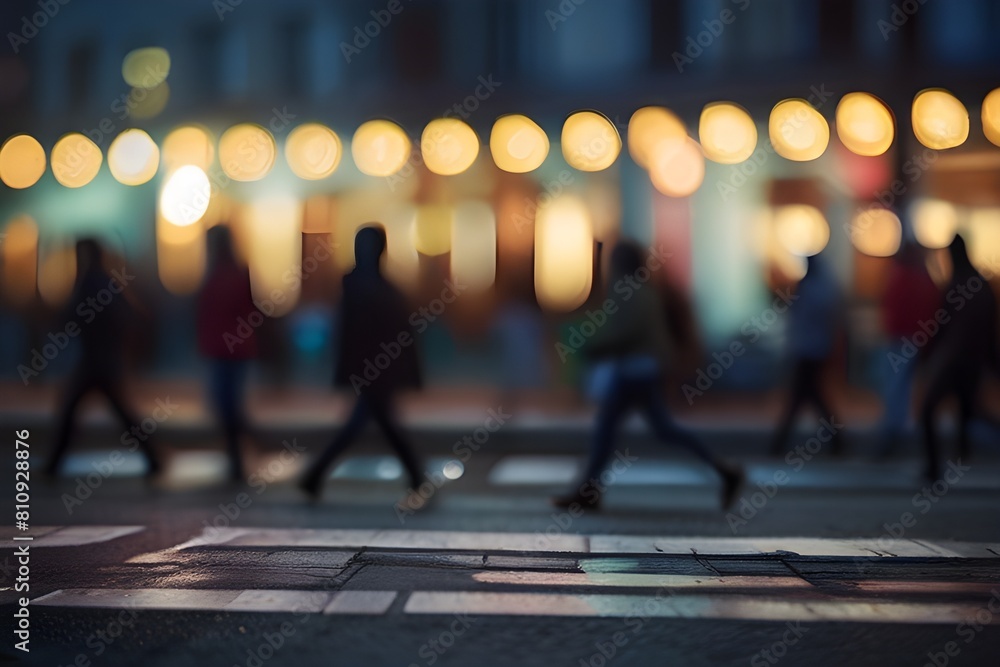 Abstract blur urban city street road with people walking and lighting bokeh for background. Generative AI 