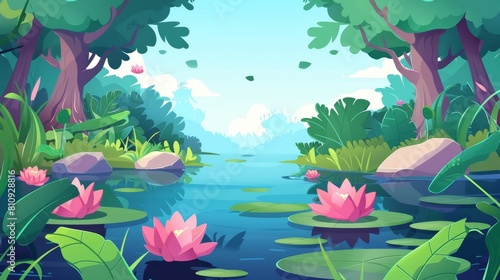 Cartoon modern jungle wetland scene with green grass  bushes  tree trunks and pink lotus flowers. Wetland scenery with green grass  bushes and tree trunks with pink lotuses dotted around.