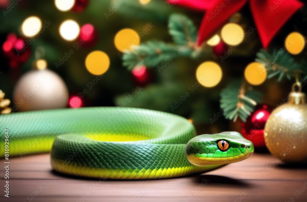 Fototapeta premium A graceful green snake on a background of Christmas decorations - a stylish concept for creative greeting cards and invitations. Chinese New Year according to the oriental calendar