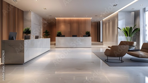 Sleek Office Reception Area with Marble Countertops and Comfortable Seating