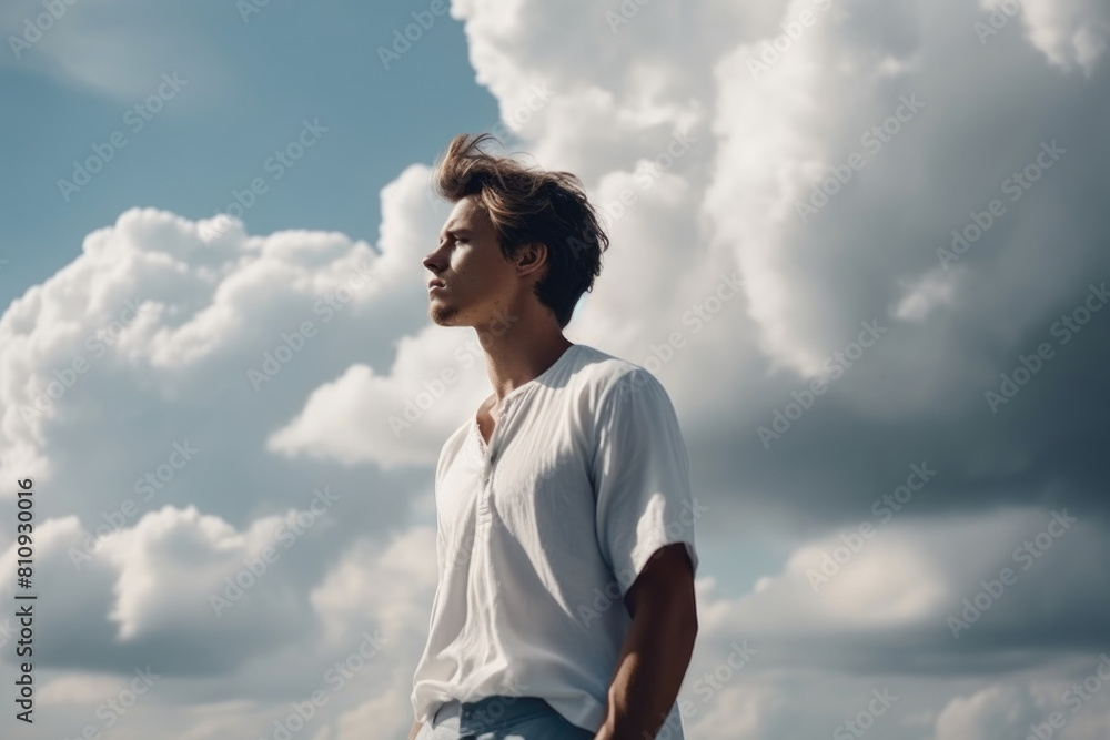 A man is standing in front of a cloudy sky, looking ahead with a serious expression A man is standing in front of a cloudy sky, looking ahead with a serious expression