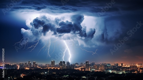 Spectacular Thunderstorm with Intense Lightning over Cityscape at Night