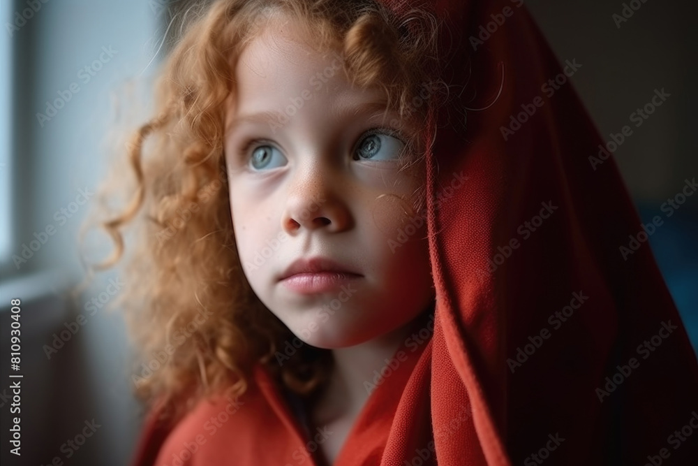 A young girl with fiery red hair is wearing a vibrant red hoodie A young girl with fiery red hair is wearing a vibrant red hoodie