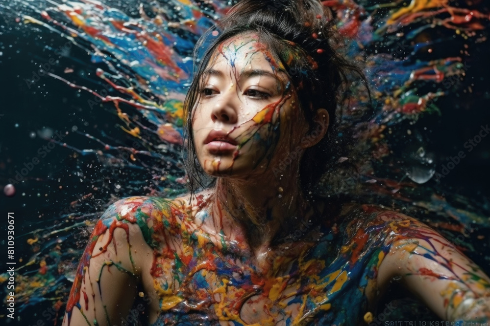A woman is fully covered in colorful paint and sprinkles, creating a unique and vibrant appearance