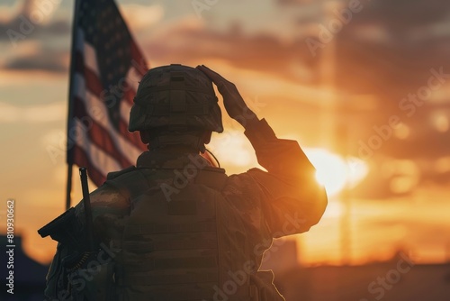 Illustration for Independence Day of the United States, July 4th - Soldier with American flag under a beautiful sun. Generative AI. Beautiful simple AI generated image in 4K, unique.