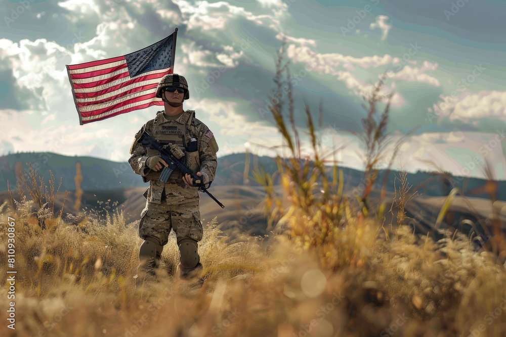 Illustration for Independence Day of the United States, July 4th - Soldier with American flag under a beautiful sun. Generative AI. Beautiful simple AI generated image in 4K, unique. Illustration for Independence Day of the United States, July 4th - Soldier with American flag under a beautiful sun. Generative AI. Beautiful simple AI generated image in 4K, unique.