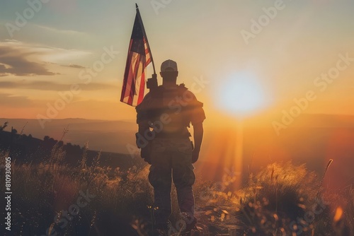 Illustration for Independence Day of the United States, July 4th - Soldier with American flag under a beautiful sun. Generative AI. Beautiful simple AI generated image in 4K, unique. photo