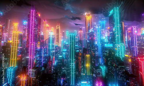 Futuristic City Skyline at Night, Generate Ai